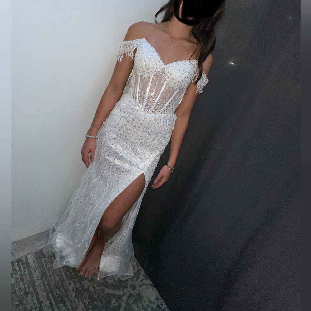 Off-Shoulder White Beaded Evening Gown with Thigh Slit